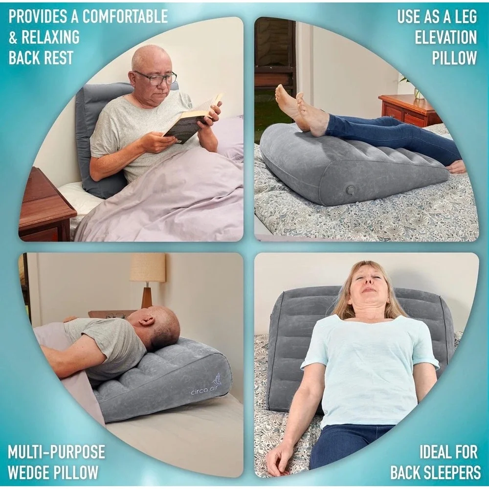 Circa Air Inflatable Wedge Pillow 24x24x8 Travel Portable Gray with Cover Bag